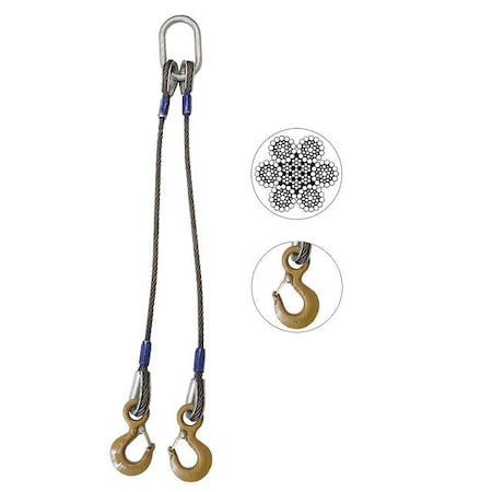 Wire Rope Sling - 2 Leg Bridle W/ Eye Hooks - 1/4 X 10' - Domestic